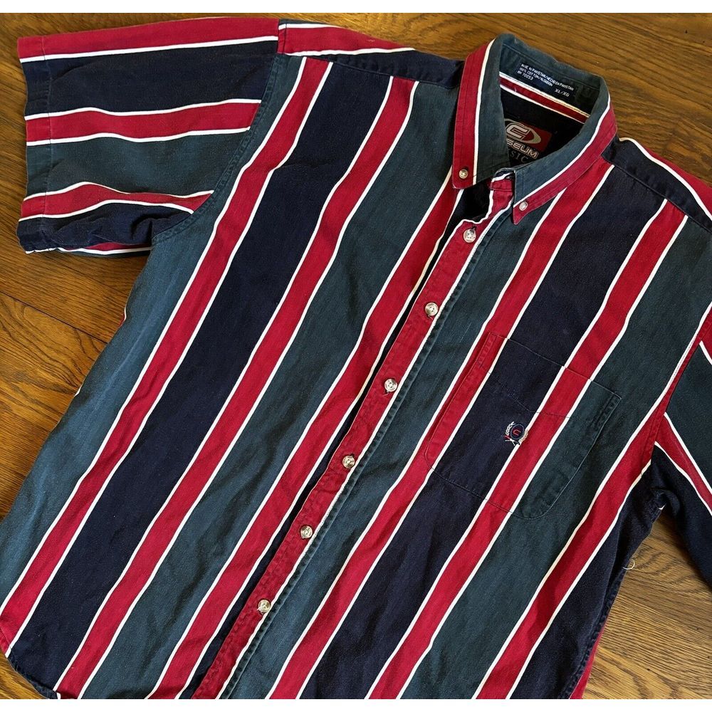 VTG Coliseum Classic XL Short Sleeve Button Up Red Navy Green Striped Colorblock